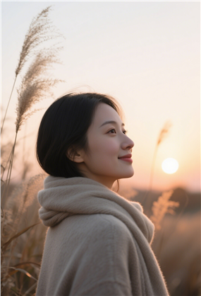 日暮黄昏秋天户外美女侧颜写真图片